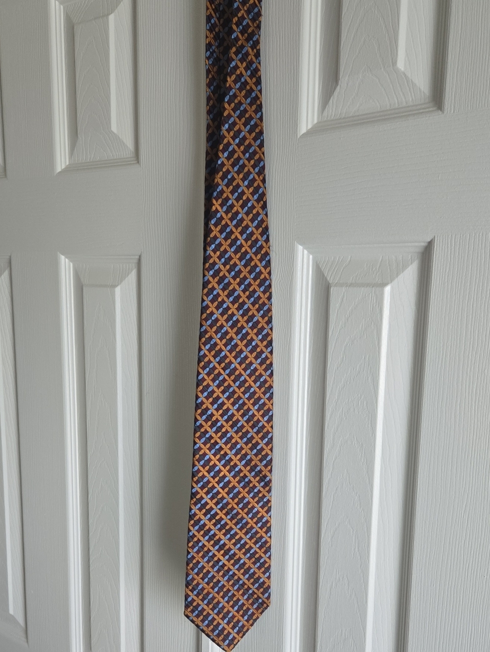 Jhane Barnes Wine, Blue And Gold Tie with Geometric Motif